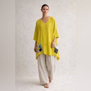 Cottonways Size 3 L Lagenlook Tunic Top Yellow Cotton Oversized Boho Art Pocket